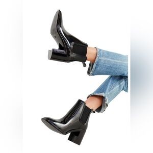Jeffrey Campbell Hurricane Chelsea Black Rain Boots Block Heel Glossy Rubber